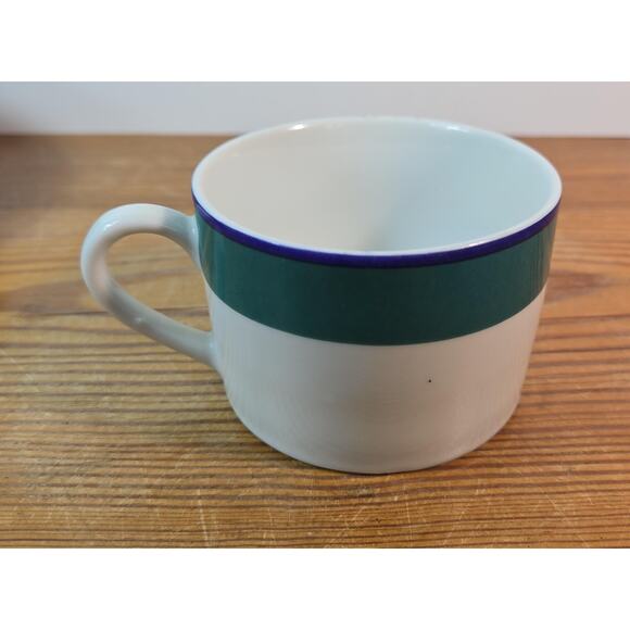 Pier 1 Two-Tone Coffee Cup Mug Teacup Green Band Blue Rim 92024 Replacement - Picture 3 of 6